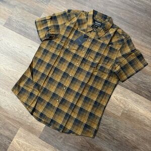 Filson Short Sleeve‎ Snap Front Guide Shirt Men's Sz Large Brown Navy Plaid Trim